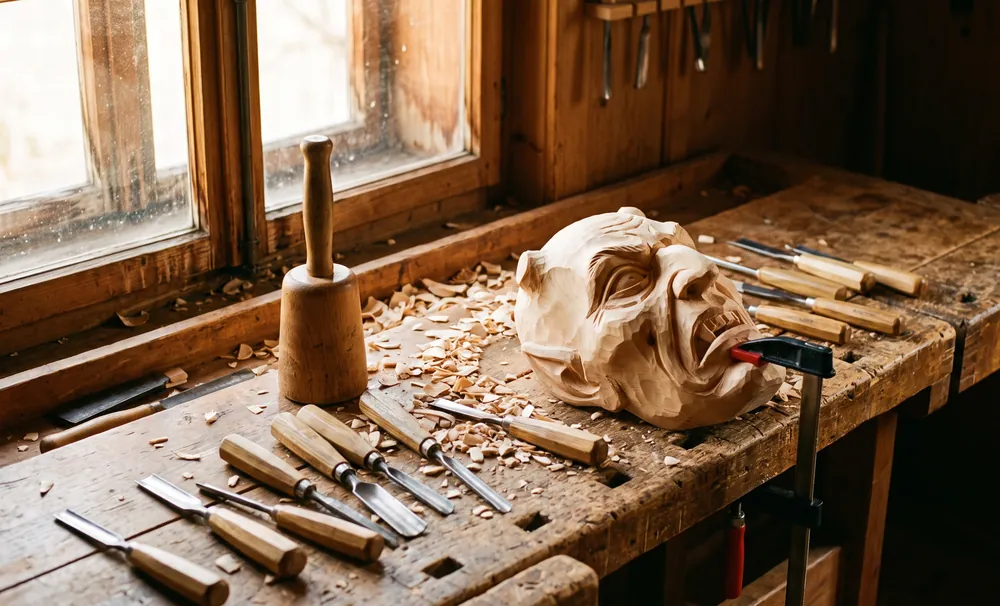 Halbfertig geschnitzte Maske aus hellem Holz auf der Werkbank mit Schnitzeisen und Spänen